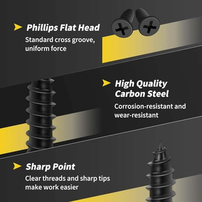 Wood Screws 1/2 Inch, FIXLINK Premium Flat Head Phillips Black Wood Screws 135 PCS, Self Tapping Electrophoresis Used in Indoor Furniture, Woodworking (#6 x 1/2") - size: #6 x 1/2"