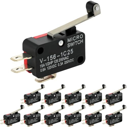 12 Pcs Micro Limit Switch with Hinge Roller Lever SPDT 1NO 1NC Microswitch V-156-1C25 - size: Hinge Roller Lever (V-156-1C25)