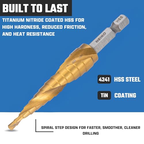 NEIKO 10602A Step Drill Bit, 13 Steps 1/8" to 1/2" Spiral High Speed Steel, Titanium Nitride Coated, 1/4" Quick Change Step Bits for Steel, Metal, Wood, Plastic, Unibit Cone Drill Bits, Two Flute - size: #1 (1/8 - 1/2", 13S), style: Spiral