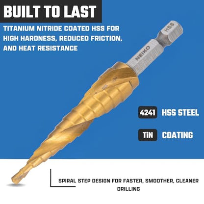 NEIKO 10602A Step Drill Bit, 13 Steps 1/8" to 1/2" Spiral High Speed Steel, Titanium Nitride Coated, 1/4" Quick Change Step Bits for Steel, Metal, Wood, Plastic, Unibit Cone Drill Bits, Two Flute - size: #1 (1/8 - 1/2", 13S), style: Spiral