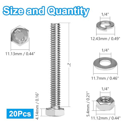 MroMax 20 Sets 1/4-20 x 2 Hex Head Screw Bolt, Nuts, Flat Washer & Spring Lock Washers Kits,Fully Threaded, Stainless Steel 18-8（304）, Bright Finish - size: 1/4"-20 x 2" (20 Sets)
