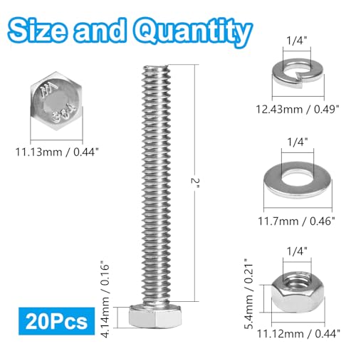 MroMax 20 Sets 1/4-20 x 2 Hex Head Screw Bolt, Nuts, Flat Washer & Spring Lock Washers Kits,Fully Threaded, Stainless Steel 18-8（304）, Bright Finish - size: 1/4"-20 x 2" (20 Sets)