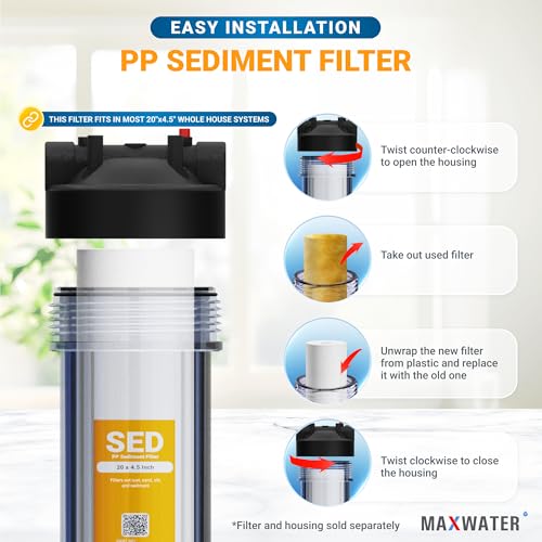 Max Water 5 Micron 20 x 4.5 Sediment Filter 20 inch Whole House BB Water Filteration System Replacement Compatible Cartridge DGD-5005-20, FP25B, AP810-6, FPMB5-20, P5-20, 155358-43, 6 Pack - size: 6 Count, style: 5 Micron