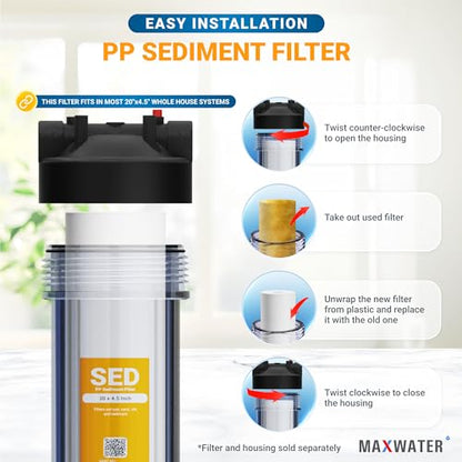 Max Water 5 Micron 20 x 4.5 Sediment Filter 20 inch Whole House BB Water Filteration System Replacement Compatible Cartridge DGD-5005-20, FP25B, AP810-6, FPMB5-20, P5-20, 155358-43, 6 Pack - size: 6 Count, style: 5 Micron
