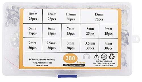 Toolly 380Pcs 304 Stainless Steel E-Clip Circlip External Retaining Ring Assortment Set, 14 Sizes