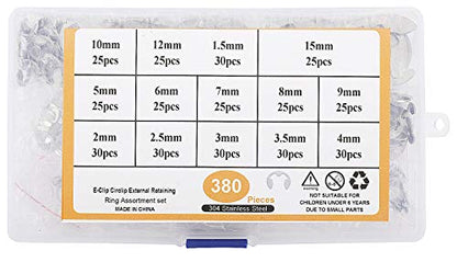 Toolly 380Pcs 304 Stainless Steel E-Clip Circlip External Retaining Ring Assortment Set, 14 Sizes