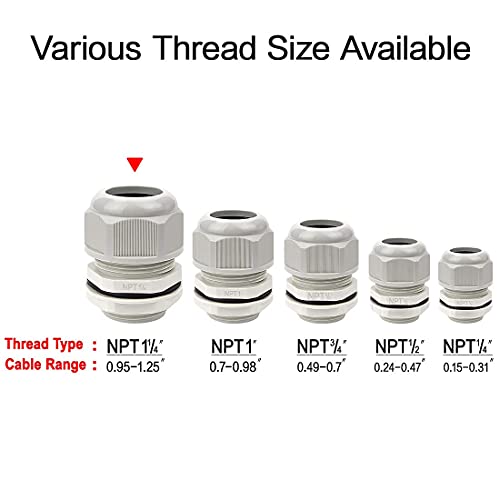 LeMotech 5 Pack NPT 1-1/4" Cable Glands Waterproof Adjustable 24-32mm Cable Connectors Black Grey Joints with Gaskets - color: Grey, size: 1-1/4inch 5-pack