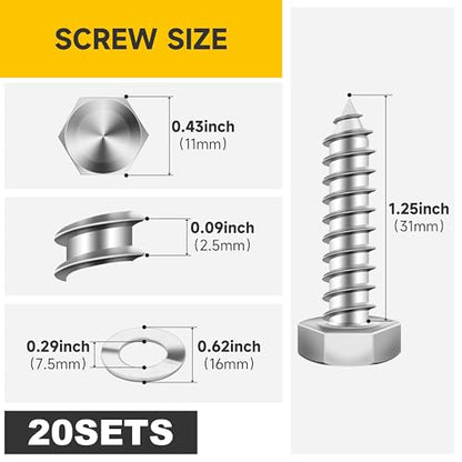 (20Sets) 1/4" x 1-1/4" Hex Head Lag Bolts, Heavy Duty Lag Screws with Washers, 304 Stainless Steel Bolts 18-8, Lag Screws Wood Screws, Partial Thread Bright Finish, 1/4 Bolt by Mywish - size: 1/4 x 1-1/4" (20 set)