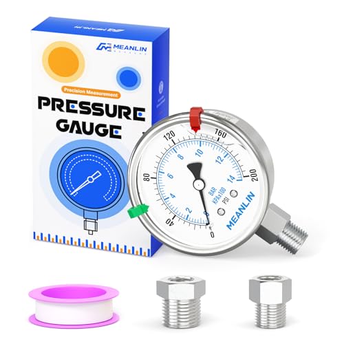 MEANLIN MEASURE 0~200Psi Stainless Steel Liquid Filled Pressure Gauge 2.5" FACE DIAL 1/4" NPT for Air Compressor Air Regulator Water Filter Lower Mount with Stainless Steel Hex Bushing and Snaps - size: 0-200Psi, style: Lower Mount