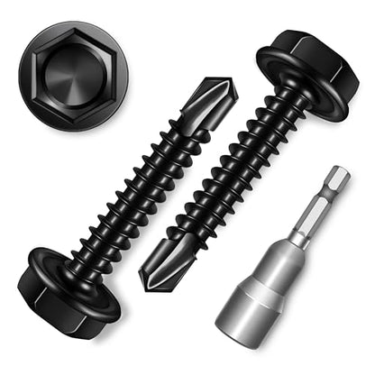 100Pcs #8 x 1 Sheet Metal Screws, 410 Stainless Steel Self Drilling Hex Head Black Self Tapping Screws for Metal with Drill Bit - color: Black, size: #8 x 1"