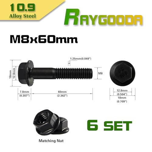 M8-1.25x60mm Flange Bolt and Nut Kit 6set- Grade 10.9 Alloy Steel, Black Zinc,Partially Thread, Serrated Self-Locking, Vibration Resistant for Automotive, Machinery & Heavy Duty - size: M8x60mm(6 Sets）