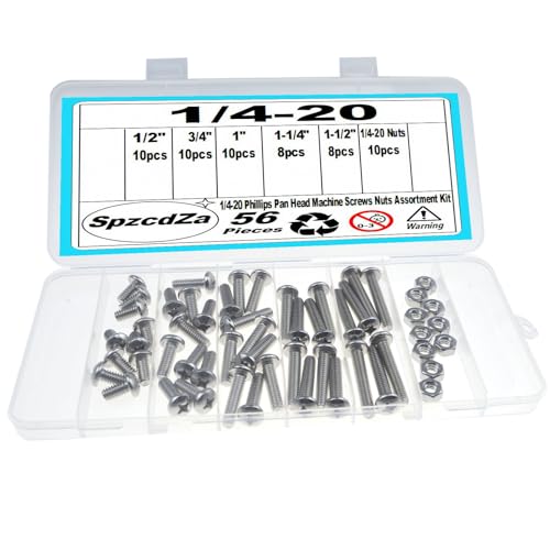 56 Pieces 1/4-20 x 1/2" 3/4" 1" 1-1/4" 1-1/2", Phillips Pan Head Machine Screws Bolts Nuts Kit, Coarse Thread, Fully Machine Threaded, 304 Stainless Steel - size: 1/4-20