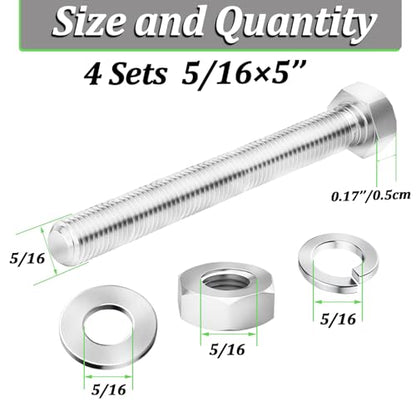 4 Sets 5/16-18 x 5" Stainless Steel Hex Head Screws Bolts, Flat, Nuts & Lock Washers,Hex Bolts 18-8(304) Full Thread - color: Silver-hex, size: 5/16-18x5"(4 sets)