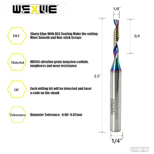Tools Solid Carbide CNC Spiral Single Flute End Mill - for Acrylic Plate Aluminum, Wood, Plastic, Brass, Copper Cutting - 1/8 Diameter 1/4" Shank 2.5" Length,1 Flute (1/8-3/4-2.5 1/4 2PCS) - size: 1/8-3/4-2.5 1/4 2PCS