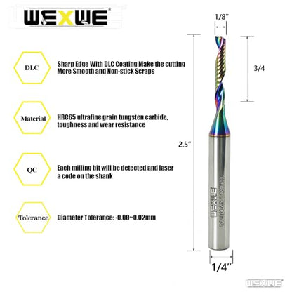Tools Solid Carbide CNC Spiral Single Flute End Mill - for Acrylic Plate Aluminum, Wood, Plastic, Brass, Copper Cutting - 1/8 Diameter 1/4" Shank 2.5" Length,1 Flute (1/8-3/4-2.5 1/4 2PCS) - size: 1/8-3/4-2.5 1/4 2PCS