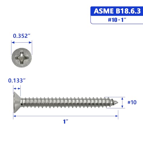 #10 x 1 Flat Head Sheet Metal Screws Phillips Drive Wood Screws, 304 Stainless Steel 18-8, Pack of 50 - color: Silver, size: #10 x 1"