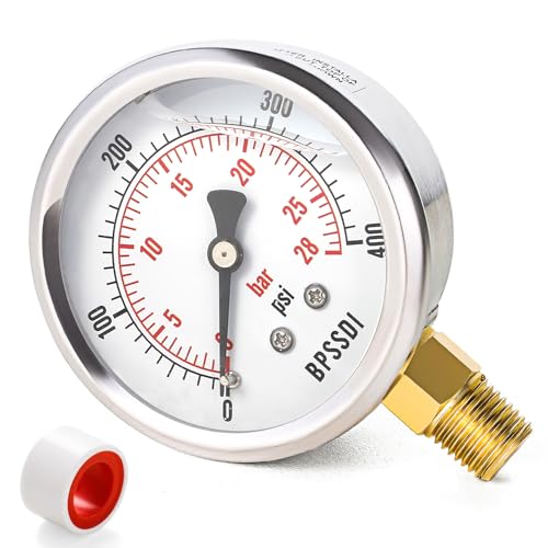 0-400 Psi Glycerin Liquid Filled Pressure Gauge, 2.5" Dial Size, 1/4" NPT Lower Mount, 304 Stainless Steel Case, for Pool Pump Sand Filter Air Compressor, Water Oil Air Pressure Test - size: 0-400 psi, style: Lower Mount