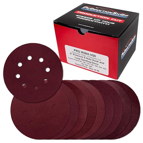 ProductionShop 5" Red 8-Hole Pattern Sanding Discs, 50 Disc Variety Pack, Grits 80, 100, 120, 150, 180, 220, 320, 400, 600, 800 - Hook & Loop Sandpaper for Random Orbital Sanders - Woodworking, Paint - style: Variety Pack 50