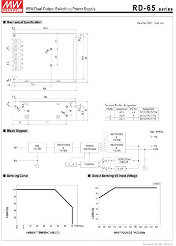 Mean Well RD-65B Enclosed Switching AC-to-DC Power Supply, Dual Output, 5V-24V, 68W, 1.5" H x 3.9" W x 5.1" L