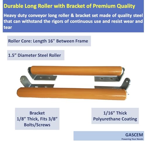 Polyurethane Coated Long Roller With Bracket Set | 16" Length, 1.5" Diameter Conveyor | Galvanized Steel | Versatile Support for Stands, Woodworking, and Conveyors | Pack of 2