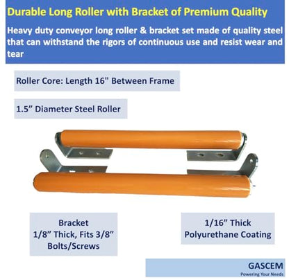 Polyurethane Coated Long Roller With Bracket Set | 16" Length, 1.5" Diameter Conveyor | Galvanized Steel | Versatile Support for Stands, Woodworking, and Conveyors | Pack of 2