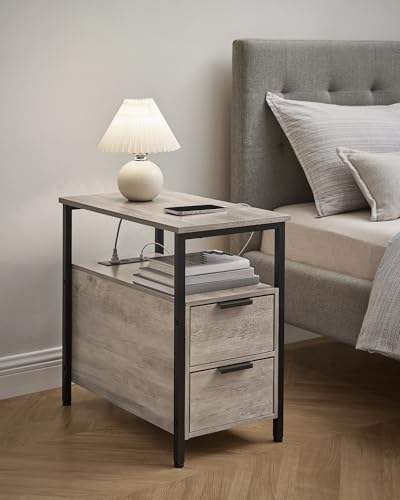 VASAGLE Side End Table with Charging Station, Slim Nightstand with Storage - color: Heather Greige + Ink Black, size: 23.6"D x 11.8"W