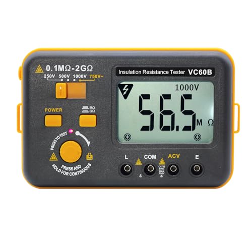 VC60B Digital Insulation Resistance Tester, Electrical Megaohm Meter with 250V/500V/1000V Test Voltage Testing Insulation Resistance IR 0.1MΩ~2GΩ, Multimeter Measure AC Voltage