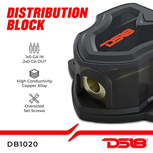 DS18 DB1020 Distribution Ground Block - 1 x 0GA in/ 2 x 0GA Out, Nickle Plated Internal Materials, High-Strength Heat Resistant Plastic Housing, Oversized Screws for Secure Connections (1 in 2 Out) - size: Single, style: 1X0GA in - 2X0GA Out