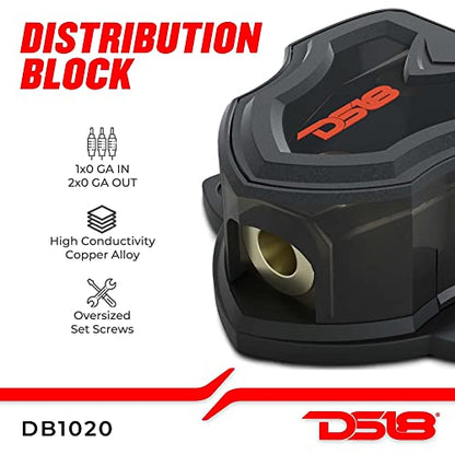 DS18 DB1020 Distribution Ground Block - 1 x 0GA in/ 2 x 0GA Out, Nickle Plated Internal Materials, High-Strength Heat Resistant Plastic Housing, Oversized Screws for Secure Connections (1 in 2 Out) - size: Single, style: 1X0GA in - 2X0GA Out