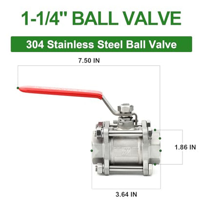 TAISHER 1PCS 1-1/4" FNPT Heavy Duty 3PC High Platform Ball Valve 304 Stainless Steel with Red Handles W0G1000 - size: 1-1/4" FNPT(3PC)