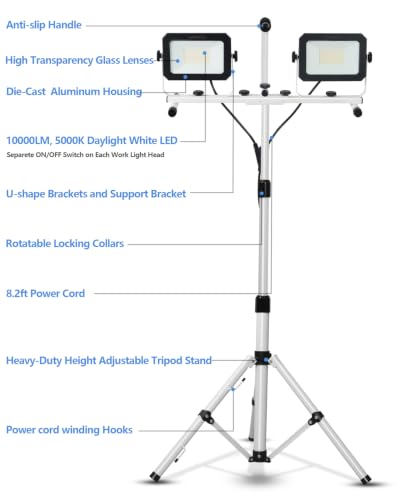 UFOND LED Work Light with Detachable Tripod, Dual Head Work Lamp for Garage - color: White