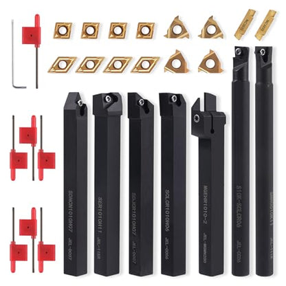 Indexable Lathe Turning Tool 3/8" 10mm Shank 21PCS Kit for Turning - color: 7pcs 3/8" Shank +14pcs Inserts