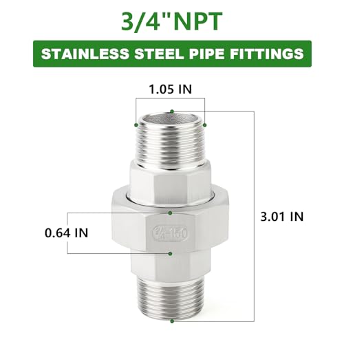 TAISHER 1PCS 304 Stainless Steel Union, 3/4" NPT Male x 3/4" NPT Male Cast Pipe Fitting - size: 3/4" MNPT