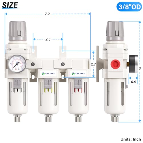TAILONZ PNEUMATIC 0-150PSI 3/8 Inch NPT Grade 3 Stage Air Drying System, Particulate Filter, Air Filter Pressure Regulator Combo Piggyback, Air Tool Compressor Filter with Gauge (Semi-Auto Drainage） - size: 3/8 Inch NPT