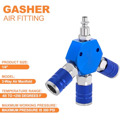 GASHER 1/4 Inch NPT Aluminum Hex Style 3-Way Air Manifold with 3 Pieces Steel Industrial Coupler and Plug, Air Compressor manifold Hose Accessories Quick Connect Fittings Air Splitter(2-Pack) - style: BLUE 2PCS