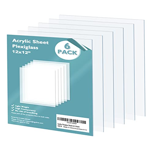 Egofine Plexiglass Sheets Acrylic Sheets 6 Pack of 12x12’’ 0.04 Thick Clear Plastic Cast Transparent Plexi Glass for Crafting Projects, Replacement Picture Frame Glass, DIY Display, Easy to Cut - color: Clear, size: 12x12"
