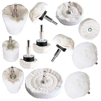 Polishing Pad Buffing Wheel Kit White Flannelette 12 Pack, for Drill for Metal Aluminum Stainless Steel Chrome Wood Plastic Ceramic Glass Woods Fabric Cotton Machine Jewelry etc - size: 12 PCS