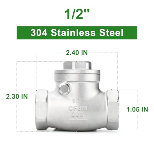 TAISHER 1PCS 304 Stainless Steel 1/2" Female Swing Check Valve，Backflow Prevention, One Way Check Valve CF8 WOG 1000 - size: 1/2"(Swing)