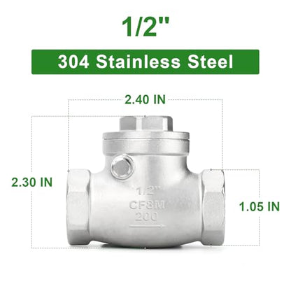 TAISHER 1PCS 304 Stainless Steel 1/2" Female Swing Check Valve，Backflow Prevention, One Way Check Valve CF8 WOG 1000 - size: 1/2"(Swing)