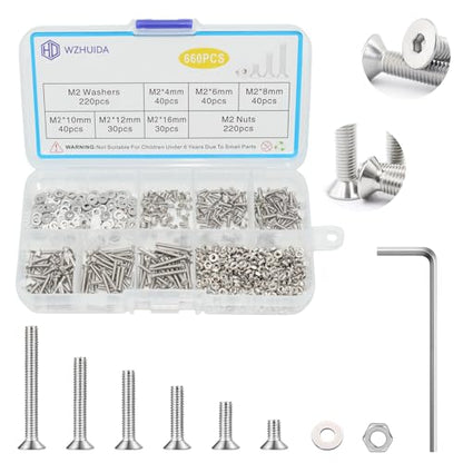 660 Pcs M2 Screws Assortment Kit, M2x4mm/6mm/8mm/10mm/12mm/16mm, Metric Hex Flat Head Countersunk Screws Nuts Washers Kit with Wrench, 304 Stainless Steel - size: M2 660Pcs