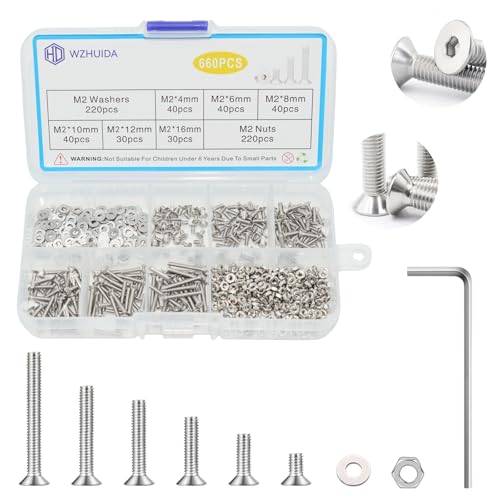 660 Pcs M2 Screws Assortment Kit, M2x4mm/6mm/8mm/10mm/12mm/16mm, Metric Hex Flat Head Countersunk Screws Nuts Washers Kit with Wrench, 304 Stainless Steel - size: M2 660Pcs