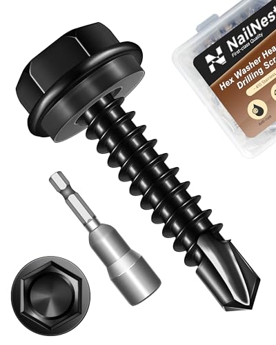 100PCS #10 x 1 Self Drilling Screws, Black Self Tapping Screws for Metal, 410 Stainless Steel Hex Washer Head Sheet Metal Screw, Quick Tapping with 8mm Hex Socket - color: Black, size: #10 x 1"