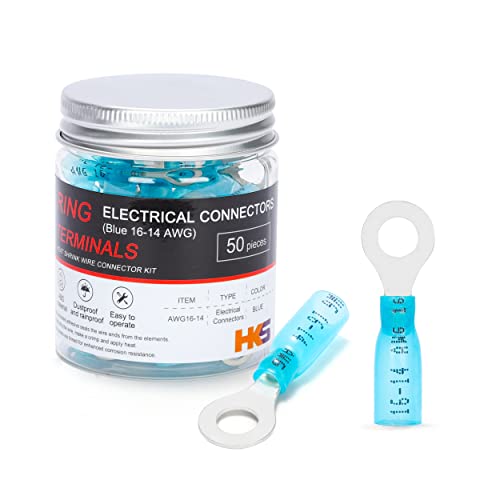 HKS 50 PCS Ring Terminals 1/4" Blue 16-14 AWG - M6 - Electrical Connectors - Heat Shrink Wire Connector Kit - Tinned Red Copper - Automotive Marine Ring Connectors - Waterproof and Insulated - color: Blue, size: 1/4" (M6)