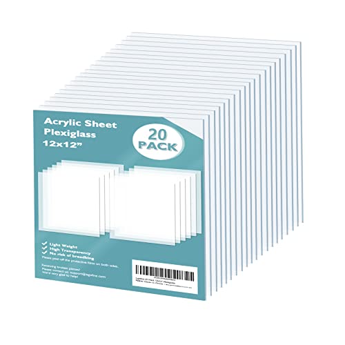 Egofine Plexiglass Sheets Acrylic Sheets 20 Pack of 12x12’’ 0.04 Thick Clear Plastic Cast Transparent Plexi Glass for Crafting Projects, Replacement Picture Frame Glass, DIY Display, Easy to Cut - color: Clear, size: 12x12"