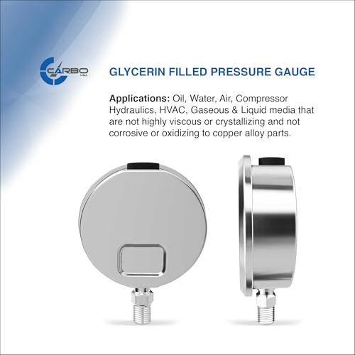 Carbo Liquid Filled Compound Pressure Gauge -30 inHg to 30 PSI with NIST Traceable Certificate, Calibrated in USA Lab, 4" Dial, 1/4 NPT Lower Mount, ASME Grade A, 304 SS Case, Brass Parts, inHg/Bar - size: -30inHg / 0 / +30Psi, style: NIST TRACEABLE