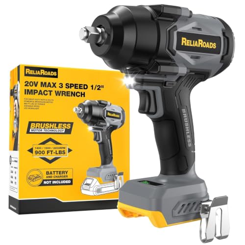 1/2" Cordless Impact Wrench, 900 ft-lbs, Compatible with DeWalt 20V Battery - color: Black