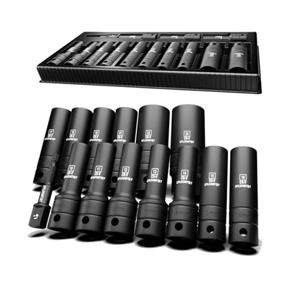 OTLOOMTBT 1/2" Drive Impact Socket Set, Metric Deep with Drill Adapter - size: 1/2 Inch 14 PCS