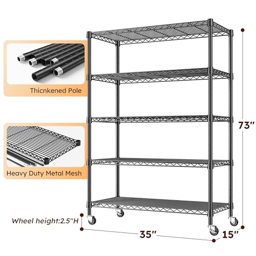REIBII 5-Tier Storage Shelves 1660LBS Wire Shelving Unit with Wheels - color: Black, size: 73"H x 35"W x 15"D 5 Tier