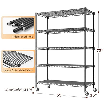REIBII 5-Tier Storage Shelves 1660LBS Wire Shelving Unit with Wheels - color: Black, size: 73"H x 35"W x 15"D 5 Tier