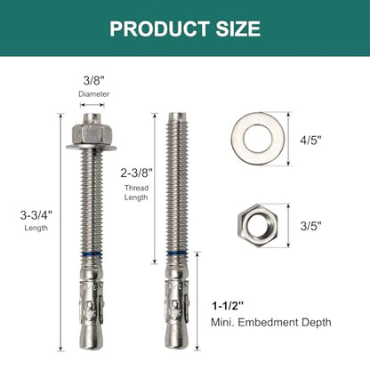 3/8" x 3-3/4" Concrete Anchors (12 Pack) 3/8 inch Wedge Anchors Bolts Stainless Steel - size: 3/8"x3-3/4"